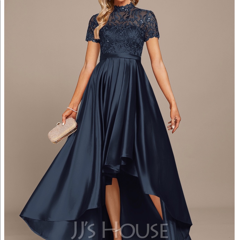 A-Line High Neck Asymmetrical Satin Lace Evening/Dress With Ruffle Sequins